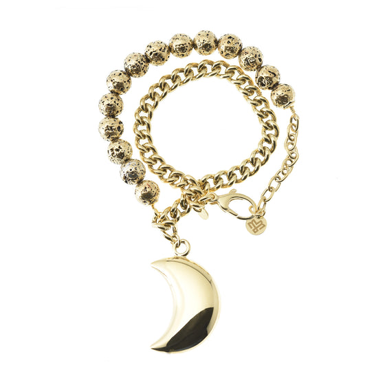 Bracciale doppio con pietre laviche e catena argento con pendente Luna