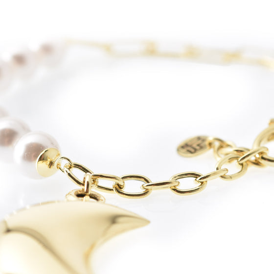 Bracciale in perle e doppia catena in argento con pendente Luna