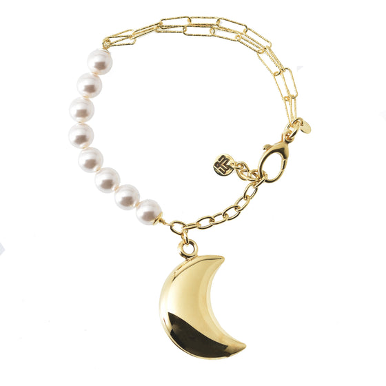 Bracciale in perle e doppia catena in argento con pendente Luna
