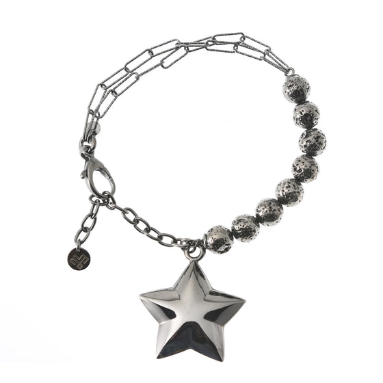 Bracciale doppia catena in argento e pietra lavica con pendente Stella